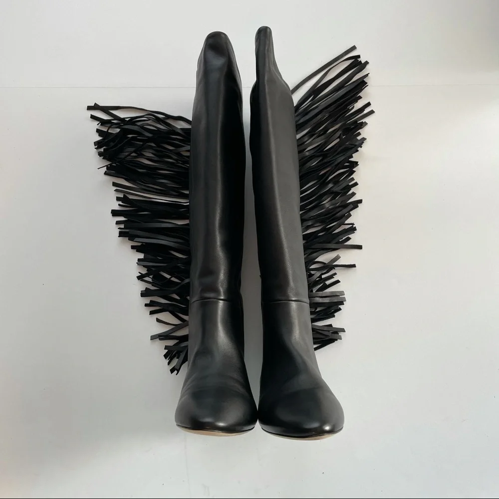 Saint Laurent Dana fringe stud knee high boots leather 8